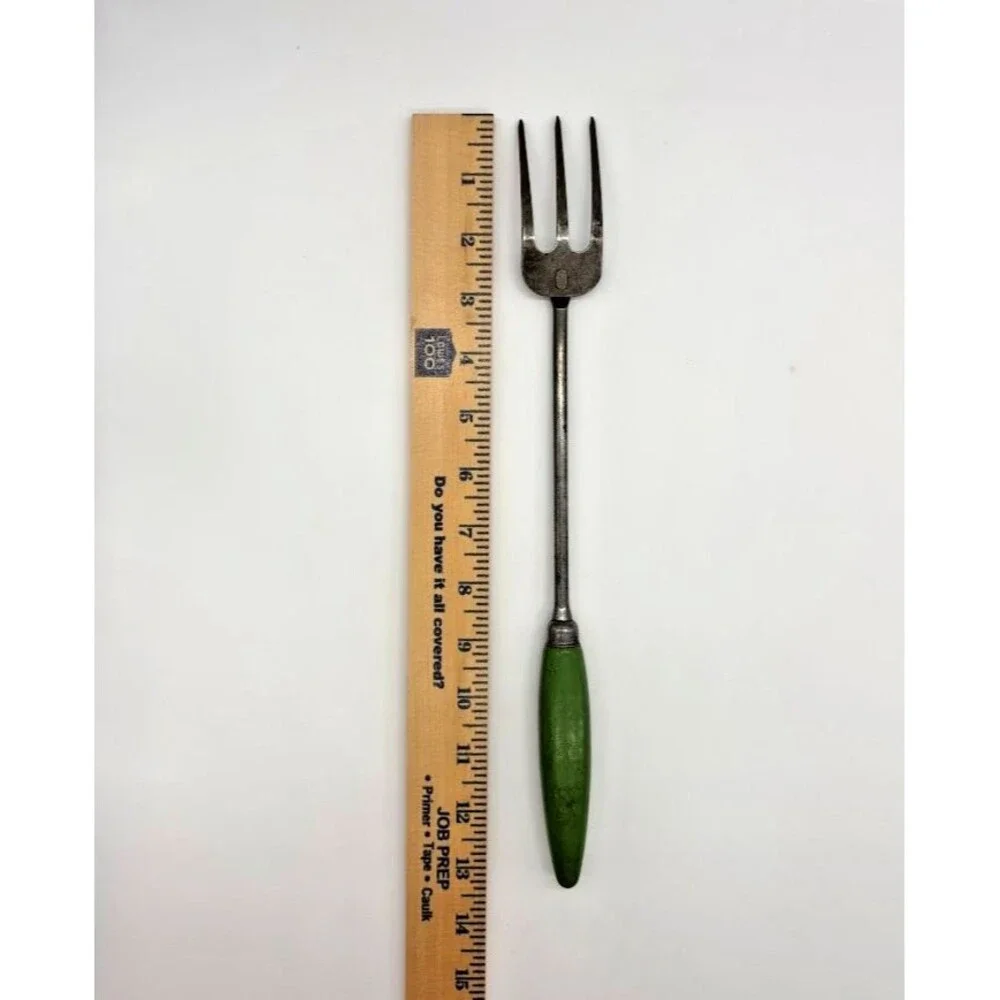 Vintage A&J USA 3 Tine Kitchen Fork Green Wood Handle Meat BBQ Cooking Utensil